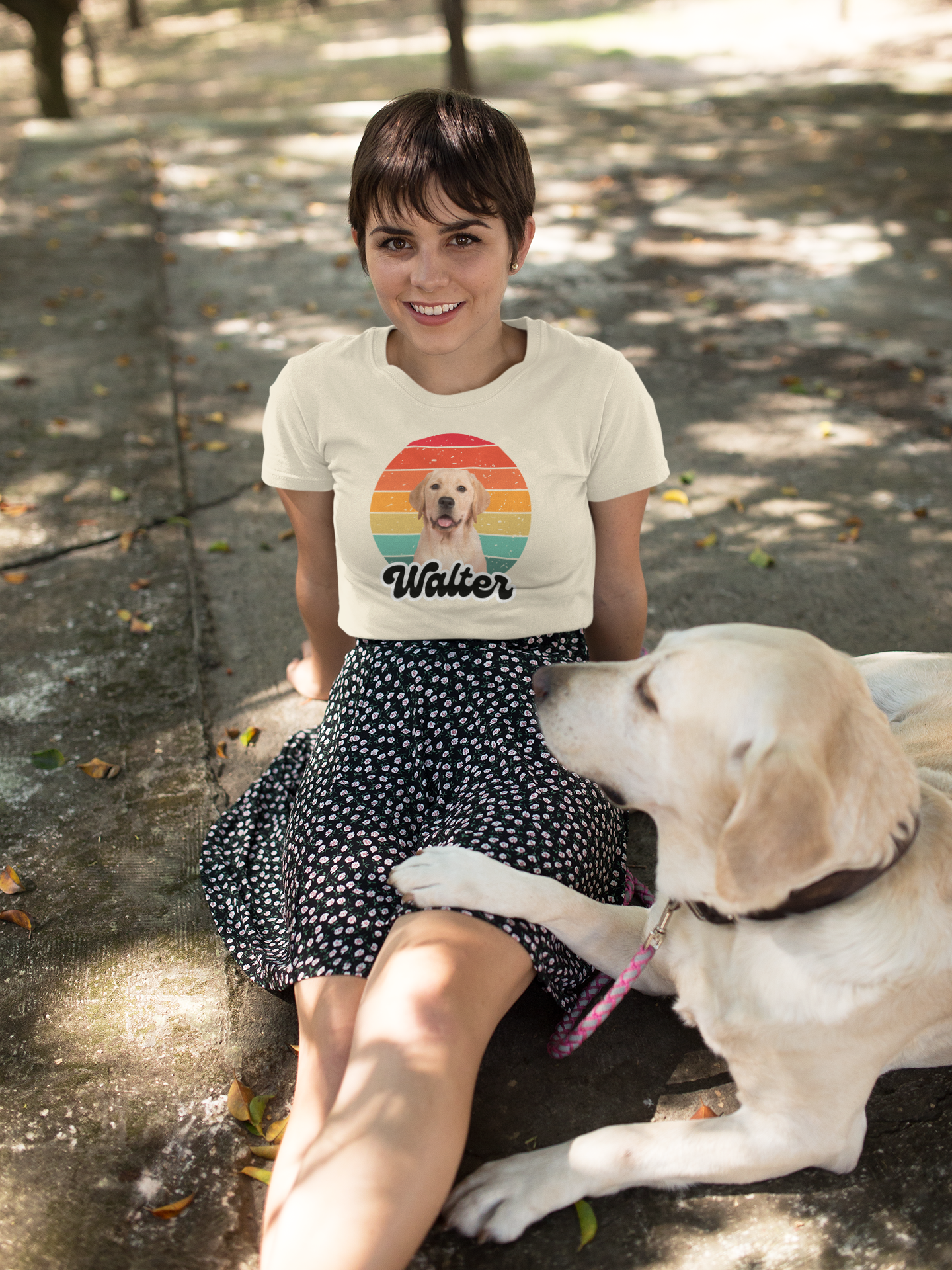 Retro sunset dog photo and name t-shirt