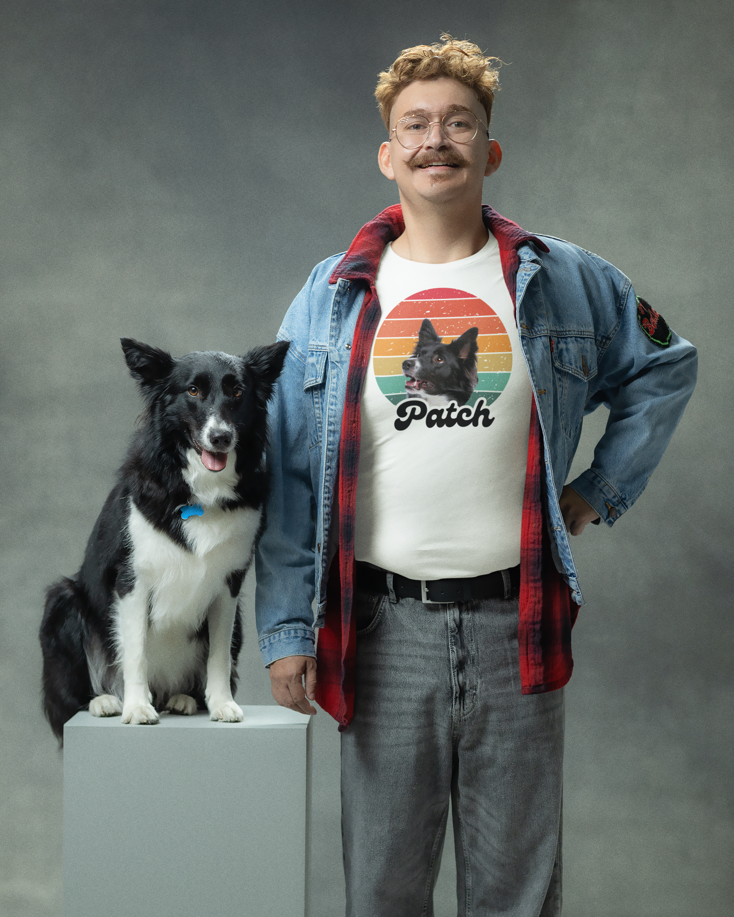 Retro sunset dog photo and name t-shirt