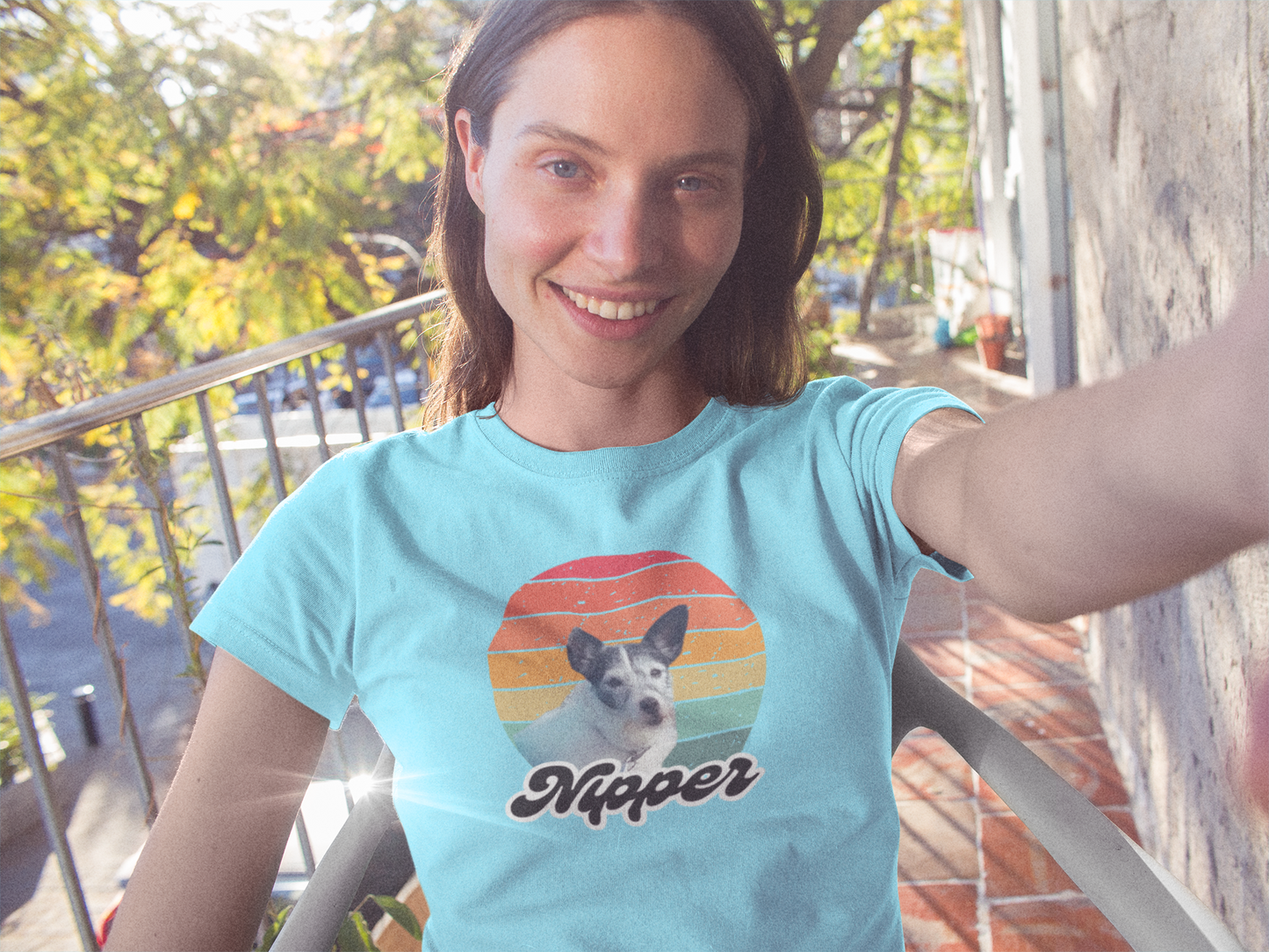 Retro sunset dog photo and name t-shirt